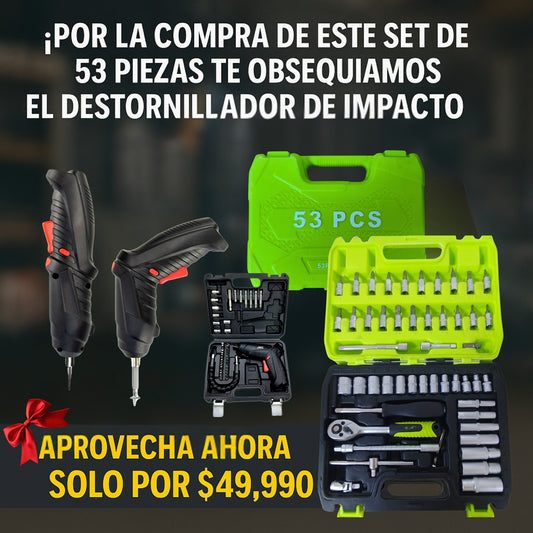 Set de Herramientas 53 Piezas + Obsequio Kit Destornillador Inalambrico