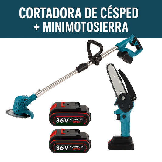 Kit Cortadora de Césped + Minimotosierra 36V (2 Baterías)