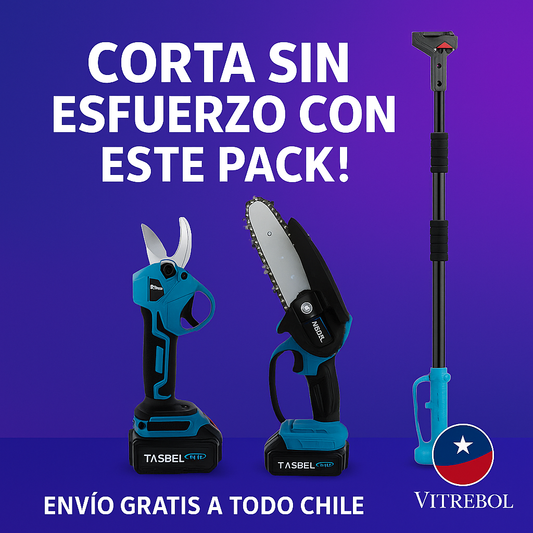 Pack Inalámbrico 3 en 1 Tasbel – Sierra + Tijera podadora + 2 Baterías de 48v + Tubo extensible