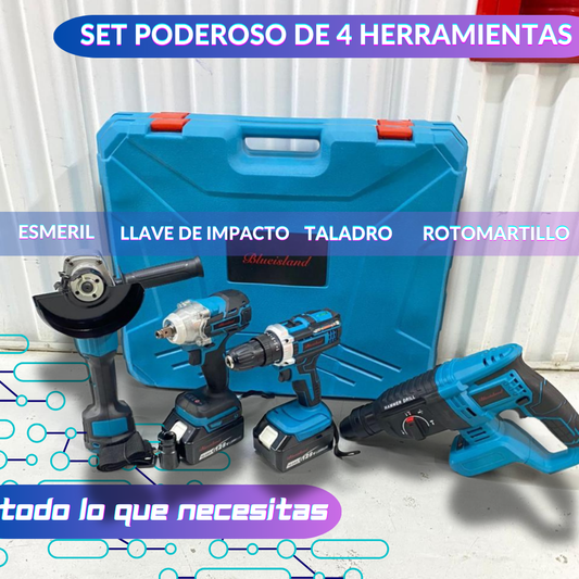 Poderoso Set de 4 herramientas Llave Impacto, Esmeril, Taladro y Rotomartillo